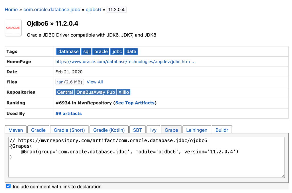 The Oracle JDBC Driver Dependency as it appears on mvnrepository.