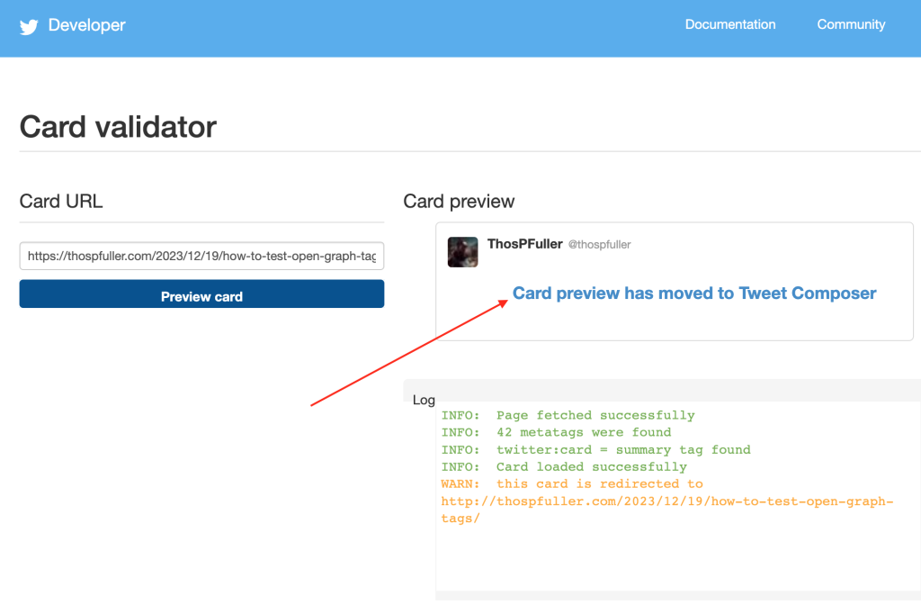 The result of a Twitter Card Validator OGP test with a pointer to text that reads 'Twitter Card Preview has moved to Tweet Composer'.