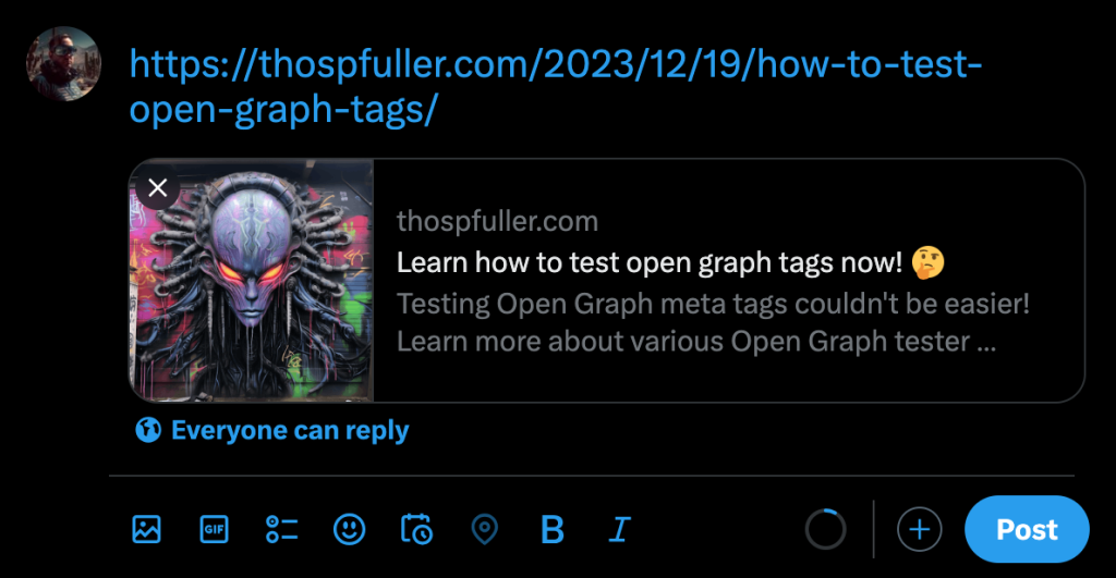 Twitter Tweet Composer preview of the unfurled URL to the article entitled 'Learn how to test open graph tags now!'.
