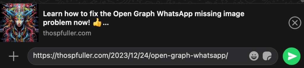 The Open Graph meta tags to this article are being correctly previewed prior to sharing the link and we can see the og image is being correctly displayed as well.