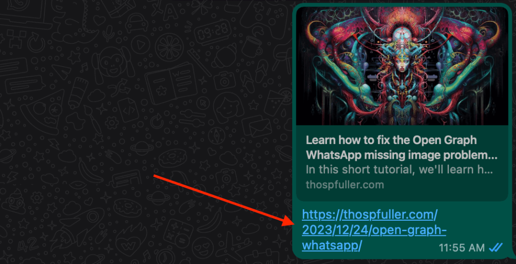 A pointer to the OG URL in the WhatsApp messaging application.