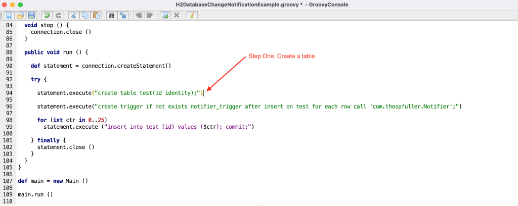 An example Groovy script with a pointer to the SQL statement where the 'test' table is created.