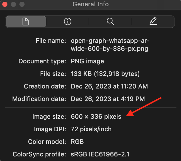 The information for a PNG image with a pointer to the image size, which is 600 x 336 pixels, which converts to an aspect ratio of 16:9.