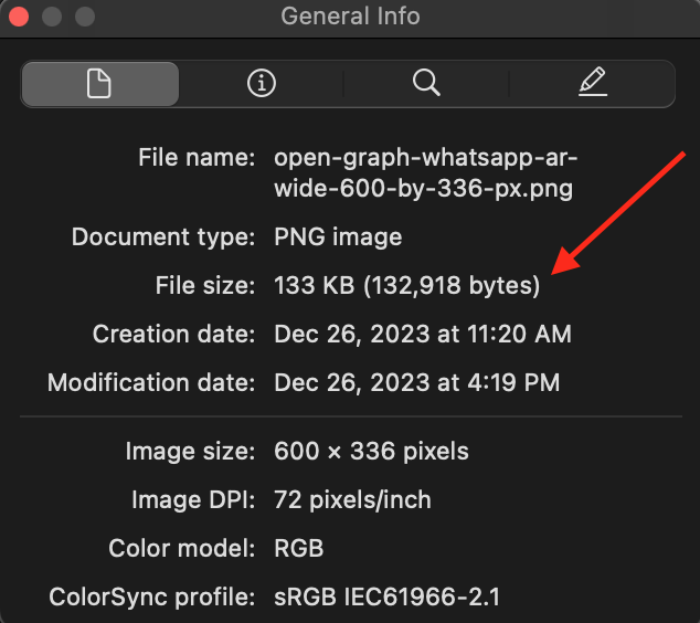 Step Three: Check the image file size -- see the pointer to the file size here, which is 133 KB.