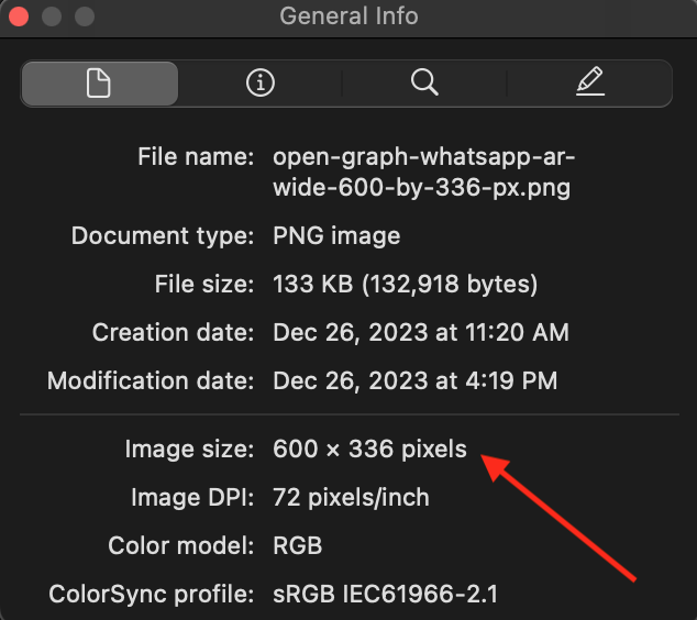 Step Two: Check the image dimensions -- see the pointer to the image size, which is 600 x 336 pixels.
