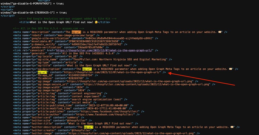 Webpage source with a pointer to the REQUIRED Open Graph URL (og:url).