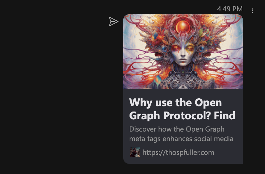 An unfurled link in the Skype application for this article which shows various OGP tags including the header image, title, description, and site URL.