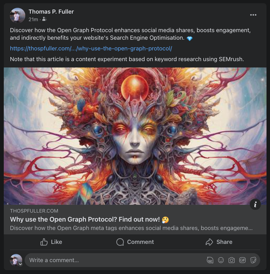An unfurled link in the Facebook social media website for this article which shows the header image, the title, description, and site URL.