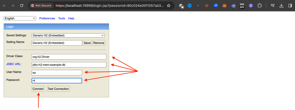 The H2 Database Browser on Chrome connect page with pointers to the driver class, the JDBC URL, the user name, and the password ("sa", in this example); click the "Connect" button to proceed.