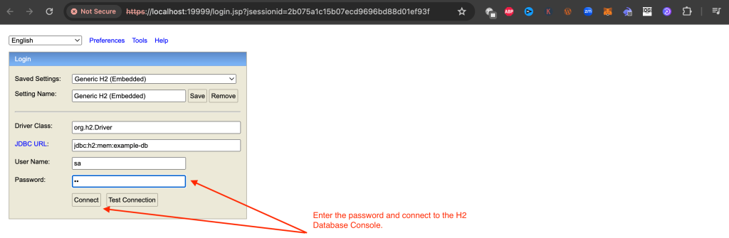 Login to the H2 Database Console using the username "sa" and password "sa" and then smash the "Connect" button.