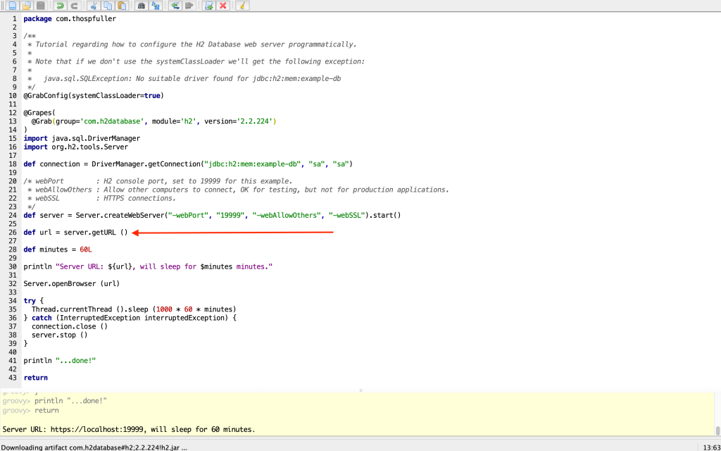 Pointer to the H2 Database Server getURL method call.