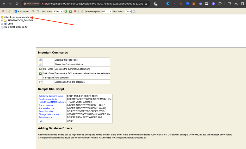 The H2 Database Console running in the Chrome browser with a pointer to the example-db database.
