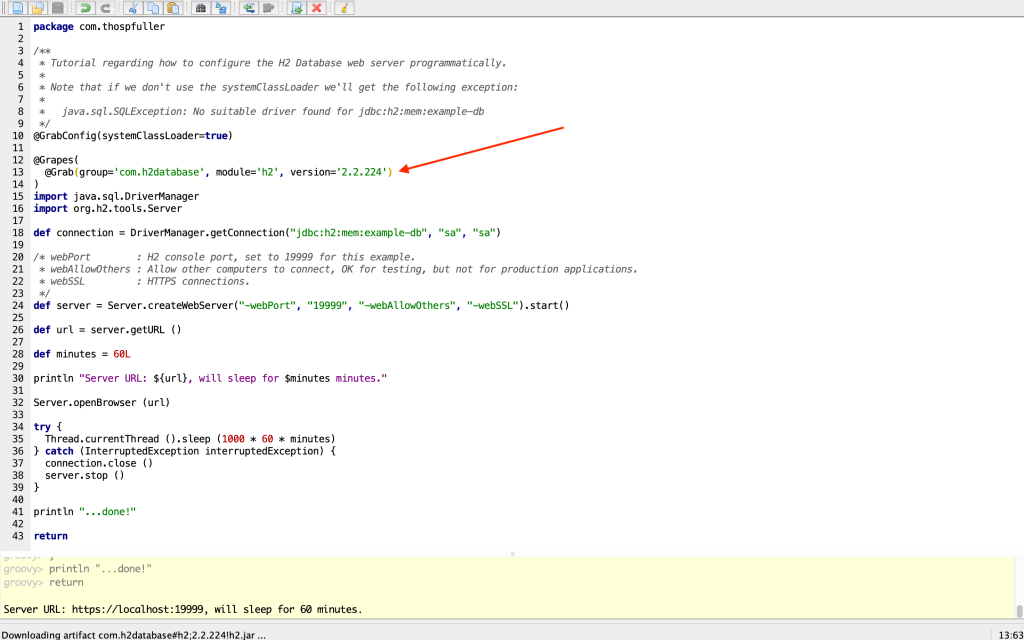 Pointer to the H2 Database dependency, which is required when running this example.