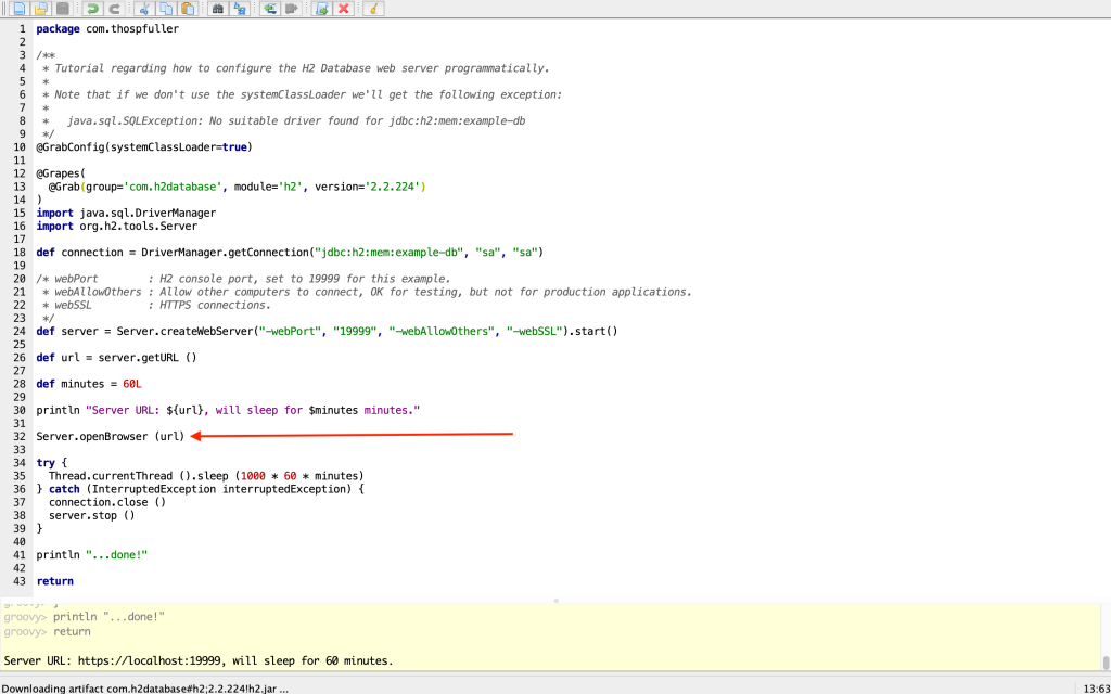 Pointer to the call to the H2 Database Server openBrowser static method, which takes a URL as a parameter.