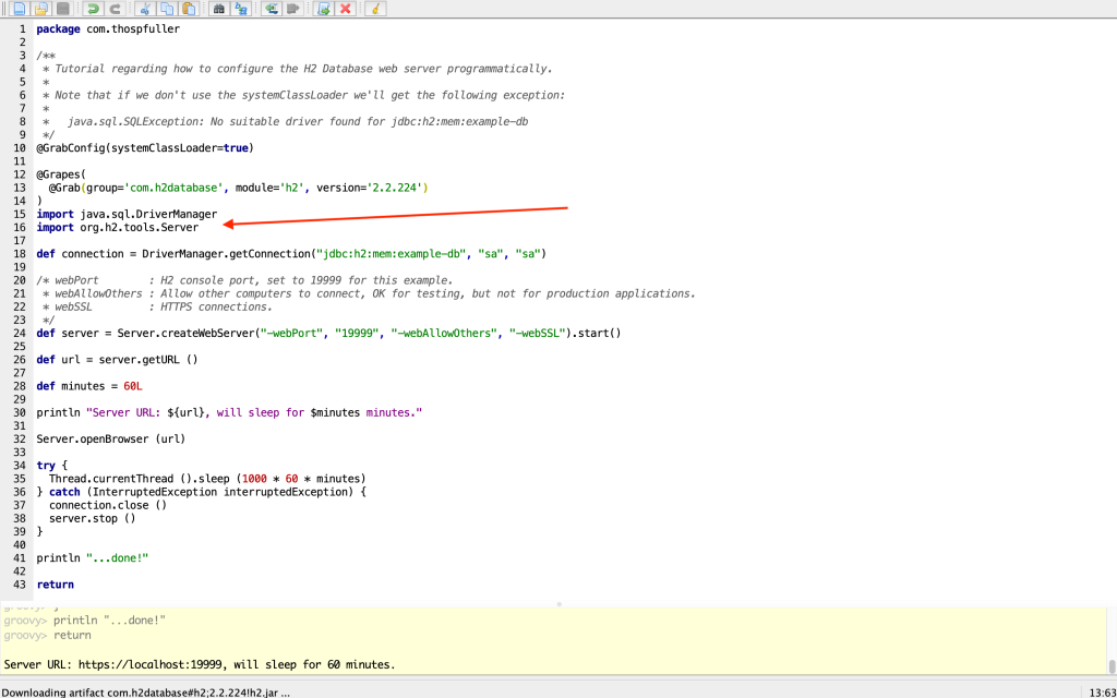 The java.sql.DriverManager and the org.h2.tools.Server class required imports.