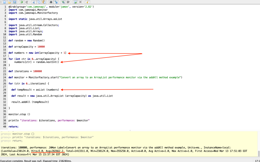 An example, written in Groovy script, with pointers to line 16 and 19 which entails the use of a primitive integer and primitive integer array that will be autoboxed into an array of java.lang.Integer objects on line #28. Note that the performance has been noted at the bottom of the image and is rather excessive at 282662.2 ms after running this script five times.