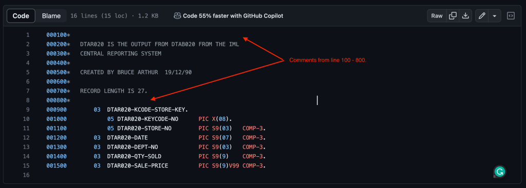A COBOL Copybook example with pointers to the comments.