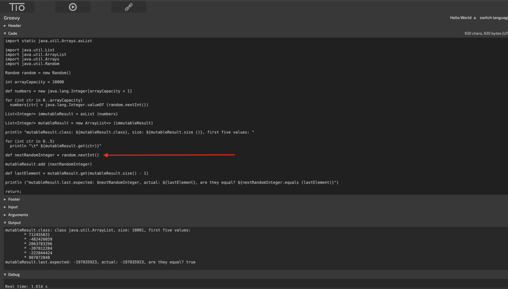 Step Four: Pointer to the line where we create a random java.lang.Integer object for testing purposes.