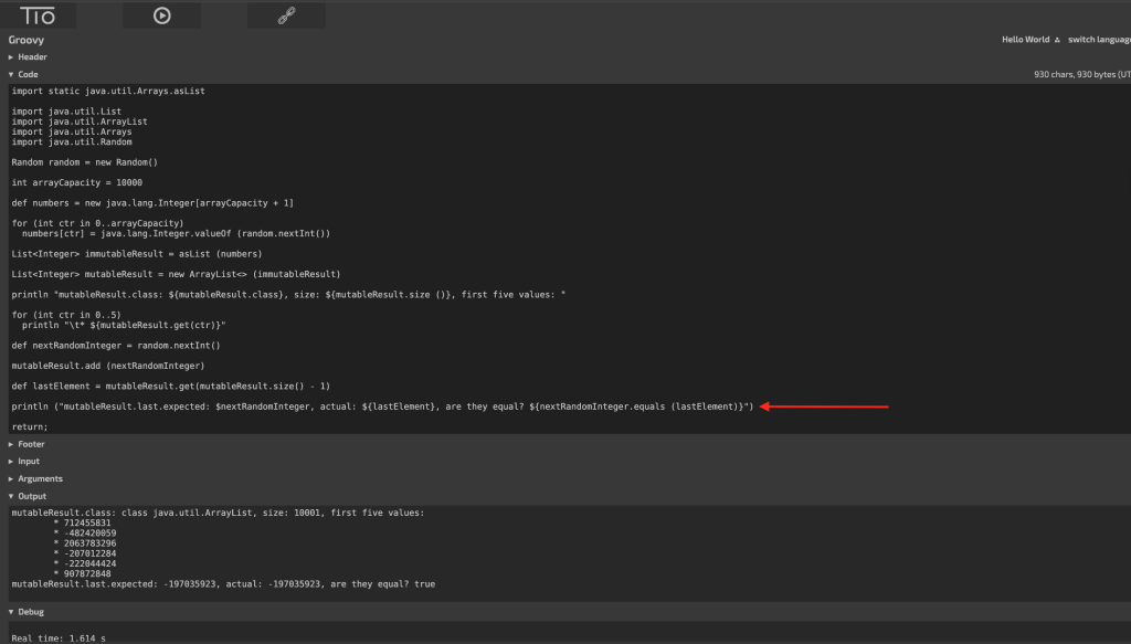 Step Seven: Pointer to the line where we print the confirmation of the nextRandomInteger comparison with the value of the lastElement -- this is for testing only and demonstrates that the mutableResult ArrayList instance can, in fact, be changed.