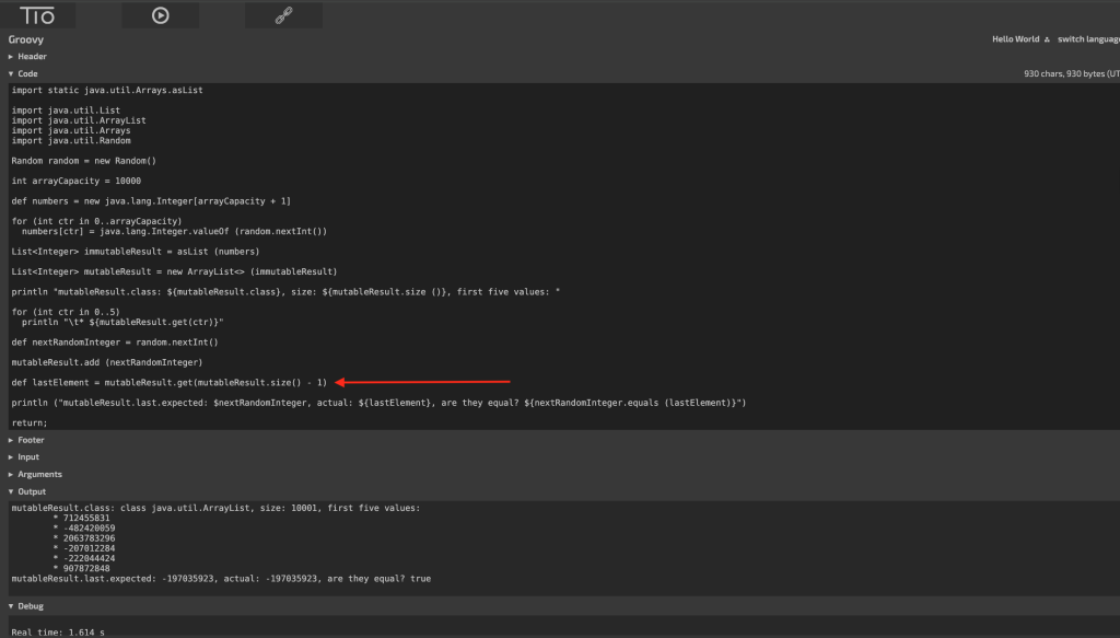 Step Six: Pointer to the line where we acquire the last element in the mutable Result.