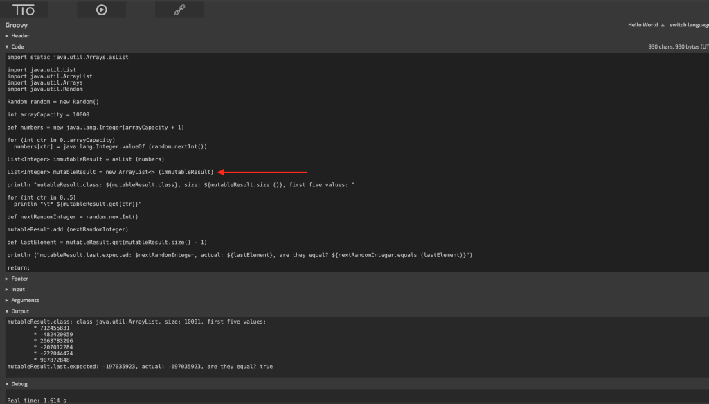 Step Three: Pointer to the line where we instantiate the java.util.ArrayList with the immutableResult.
