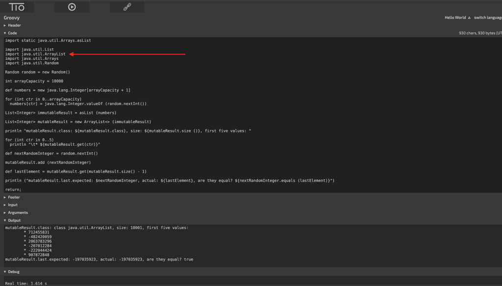 Step Two: Pointer to the line that has the import for the Java ArraysList class in the tio.run example.