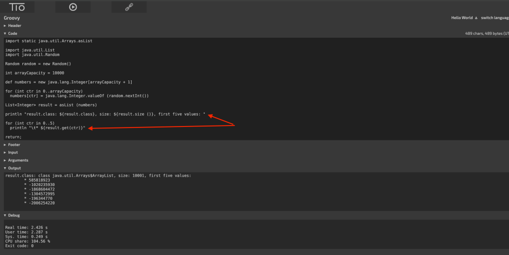 In Step Four: we print the result class, which is expected to be an instance of Arrays$ArrayList along with the first five entries in the result.