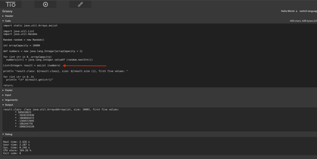 Pointer to the line where we convert the numbers array into an immutable instance of Arrays$ArrayList.