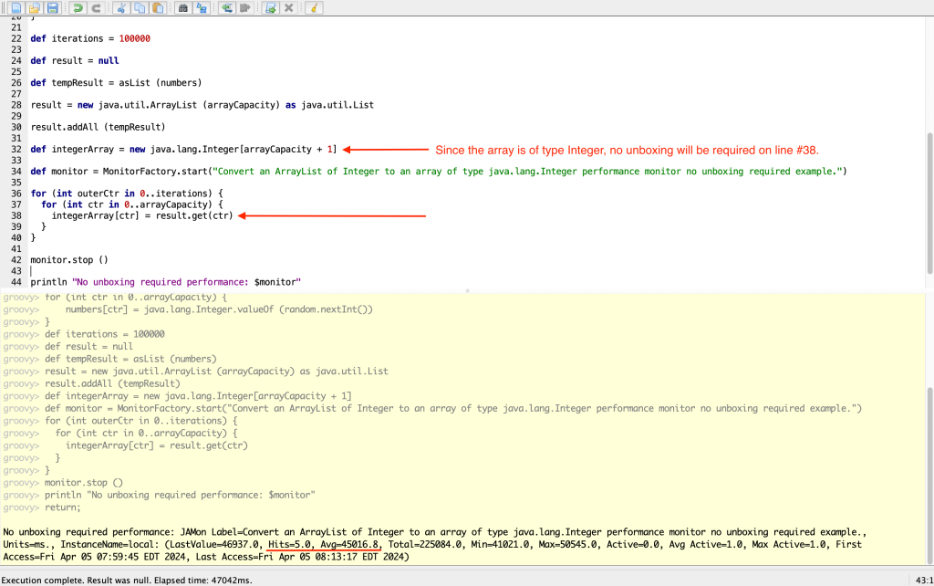 This Java performance example where unboxing is not required was executed five times and shows an average execution time of 45016.8 ms (45.0 seconds) for the block of code between lines 34-42 -- see line #38, specifically.