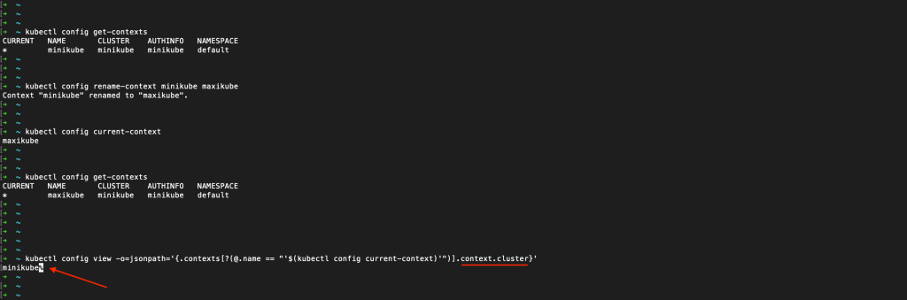 Pointer to the k8s config context.cluster, which is set to "minikube" -- this is the value which represents the cluster name in Kubernetes.