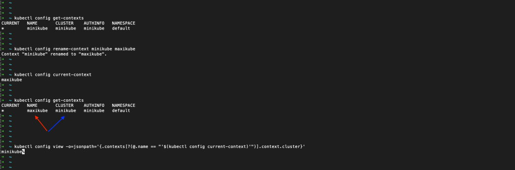 The red pointer points to the minikube config context name, which is set to "maxikube" and the blue pointer points to the cluster setting, which is set to "minikube".