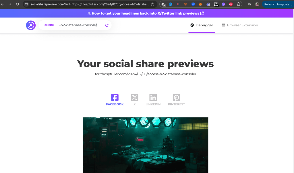 Social Media Share Preview step two (A): Review the results of the test, which defaults to the Facebook preview.