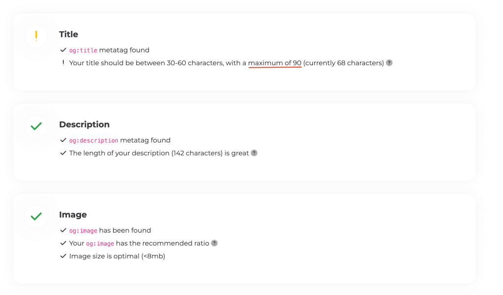 Social Share Preview step two (B): We can see the title, description, and image test results for Facebook here; the title has been flagged as long at 68 characters (where 90 characters is the maximum allowed).