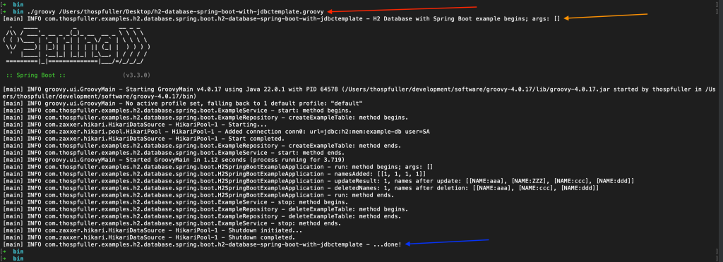 Successful sample output for the H2 Database with Spring Boot example script which performs several CRUD operations.