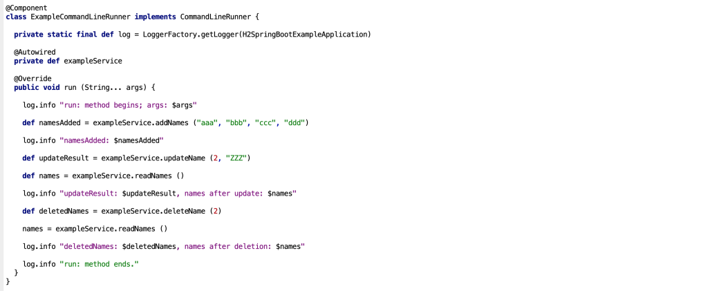 Step Eight: Spring component bean that implements the CommandLineRunner specification and runs on application startup, performing database CRUD operations through the ExampleService and logging the results.