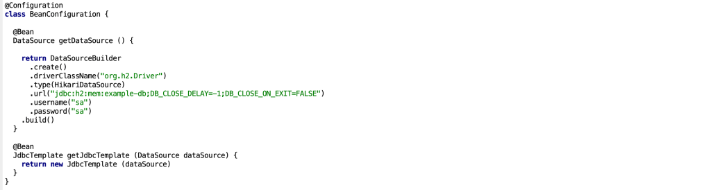 Step Five: A configuration class for Spring Boot application defining two beans: a DataSource bean using H2 in-memory database with HikariCP connection pool, and a JdbcTemplate bean for database operations.
