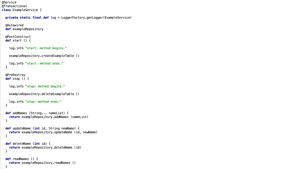 Step Seven: Spring service bean with transactional methods to manage H2 database operations, including creating and deleting a table and performing CRUD operations.