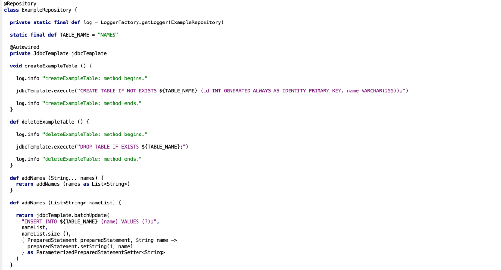 Step Six: Spring repository bean for managing an H2 database table with methods to create, delete, add, update, and read (CRUD) records using the JdbcTemplate bean.
