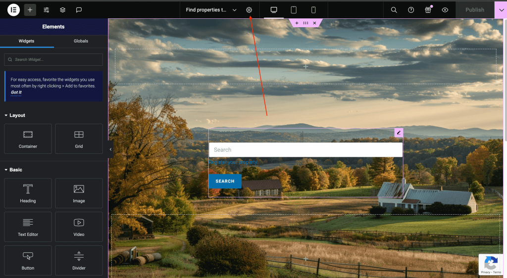 Click the "Page Settings" gear icon indicated by the red pointer and located un the top center part of the page.