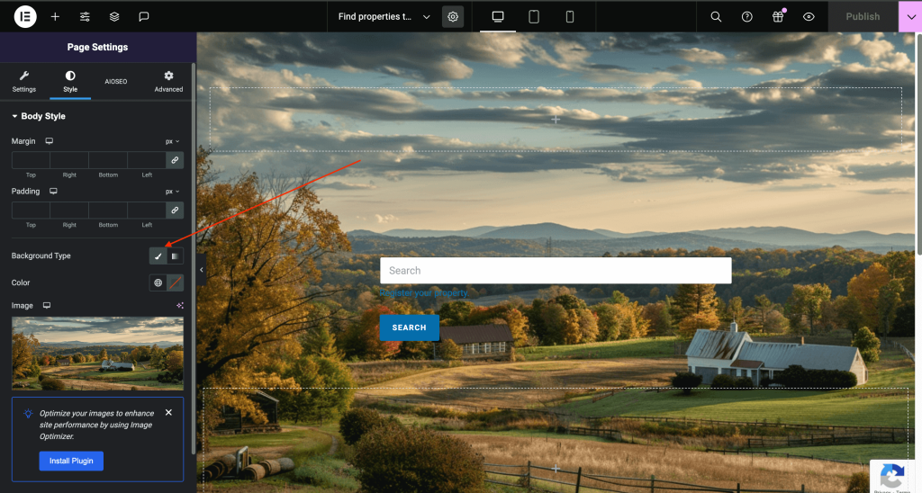 Click the paintbrush icon indicated by the red pointer and located on the lower left-hand side of the page under "Page Settings", "Style", "Body Style", "Background Type".