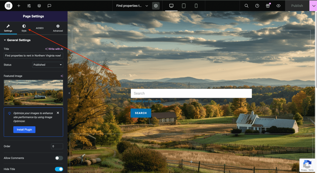 Click the "Style" option indicated by the red pointer and located on the upper left-hand side of the page under "Page Settings".