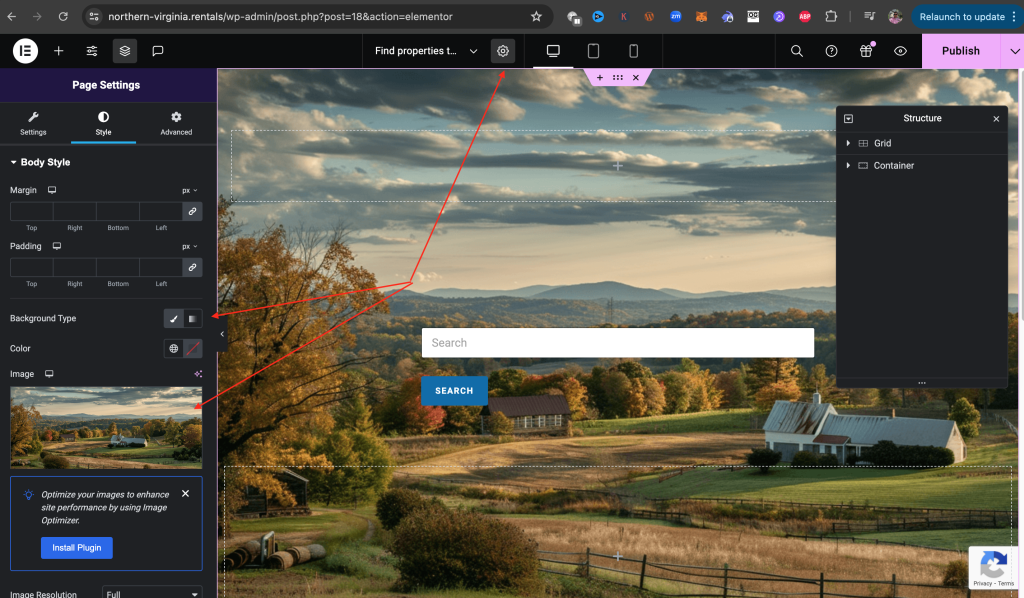 Three pointers directing the user to where they can set the background image on their WordPress page using the Elementor plugin: Click on the Page Setting gear icon, select the Background Type, and choose your Image.