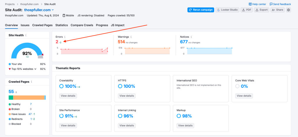 Step Four (A): Pointer to the SEMrush Site Audit report "Errors" section indicates that several errors have been remedied.
