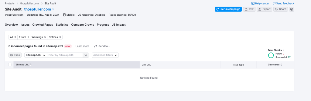Step Four (B): We confirm that there are now zero "incorrect pages found in sitemap.xml" errors.