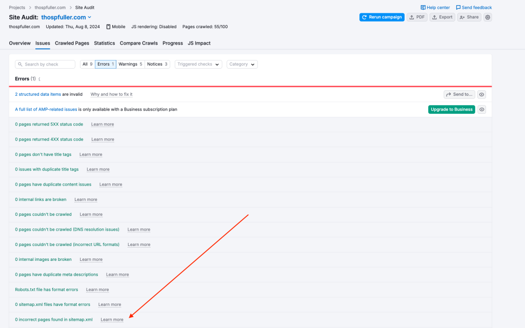 Step Four (C): SEMrush site audit general errors report with a pointer to the "Incorrect pages found in sitemap.xml" error that indicates that zero errors exist.