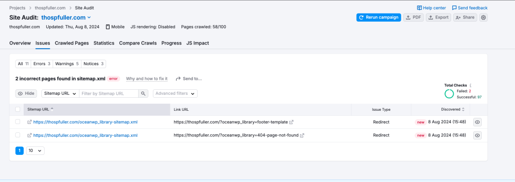 An example of a SEMrush site audit general errors report with two errors due to "incorrect pages found in sitemap.xml", which includes the "oceanwp_library-sitemap.xml" sitemap that redirects to "oceanwp_library=footer-template" and "oceanwp_library=404-page-not-found".