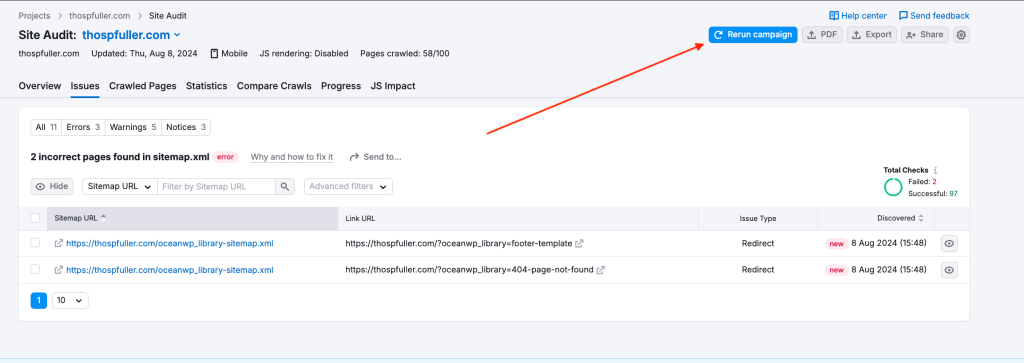 Step Three: A pointer to the SEMrush Site Audit "Rerun Campaign" button -- click this to audit the target website again.