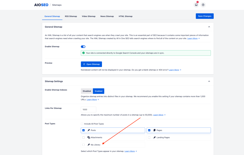 A pointer to the My Library tick box in AIOSEO, which has been unticked; make sure to save this change.