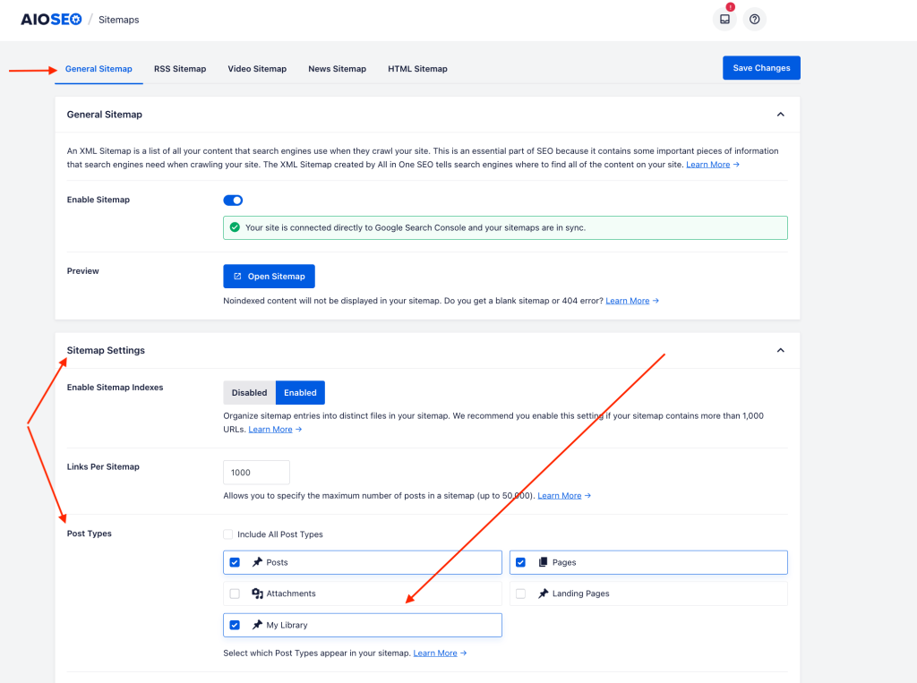 Pointers to the AIOSEO Sitemaps, General Sitemap, Sitemap Settings, Post Types, My Library tick box.