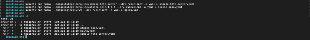Command line output of three examples where various yaml files are created using the kubectl run command.